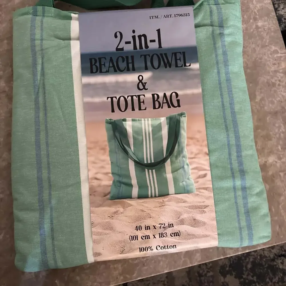 Himatsingka America Beach Towel Tote Bag Green Multicolor Striped 2-in-1 Cotton